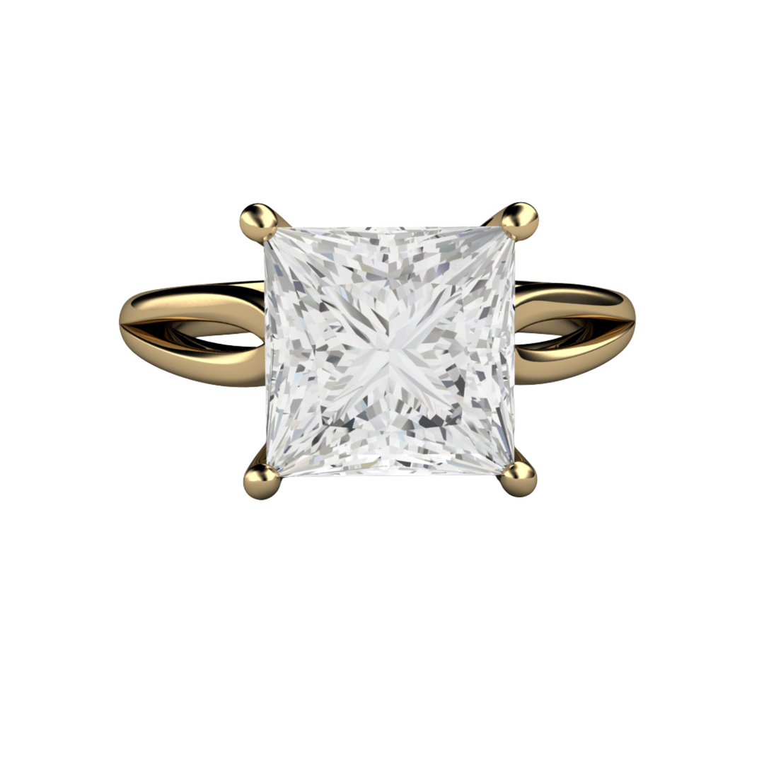 Square Moissanite Engagement Ring in 14K Yellow Gold, 8mm Princess Cut Colorless Moissanite Ring, Split Shank Solitaire | Rare Earth Jewelry