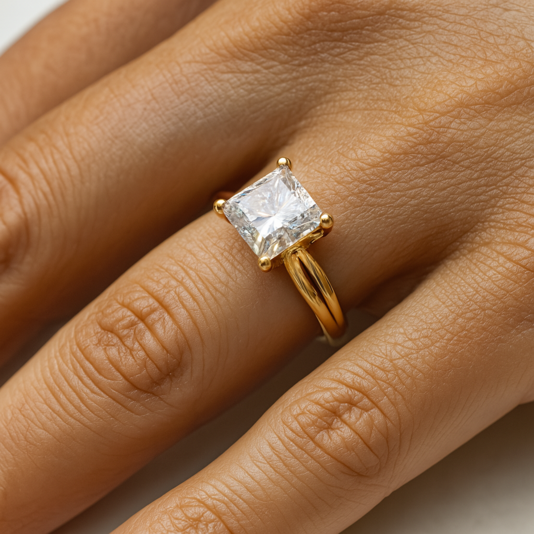 Square Moissanite Engagement Ring, 3 Carat Princess Cut Forever One Moissanite Solitaire Hand Photo, Angled View Showing Split Shank Double Band | Rare Earth Jewelry  