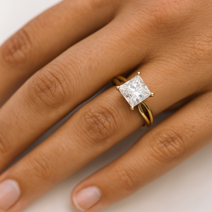Square Moissanite Engagement Ring with Split Shank, 3 Carat 8mm Princess Cut Forever One Moissanite Solitaire Ring on the Hand | Rare Earth Jewelry