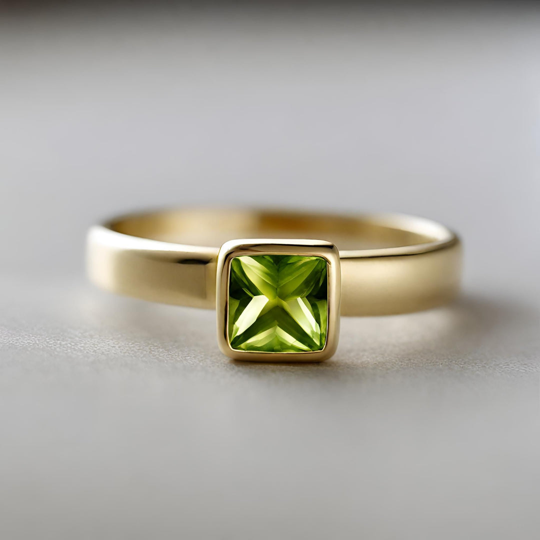 A square Peridot ring in a 14K Gold bezel setting.  Princess cut Peridot solitaire ring with a matte finish from Rare Earth Jewelry.