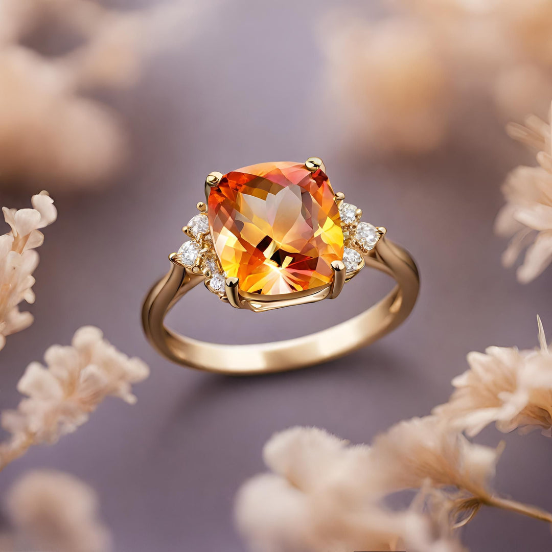 A Sunrise Mystic Topaz Ring in 14K Gold.  This cushion cut topaz ring has diamond accents and a stunning gem with all the colors of a sunrise vivid orange, yellow and pink from Rare Earth Jewelry.