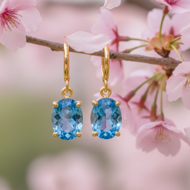 Natural Swiss Blue Topaz Earrings, Oval Blue Gemstone Drops in 14K Gold | Rare Earth Jewelry