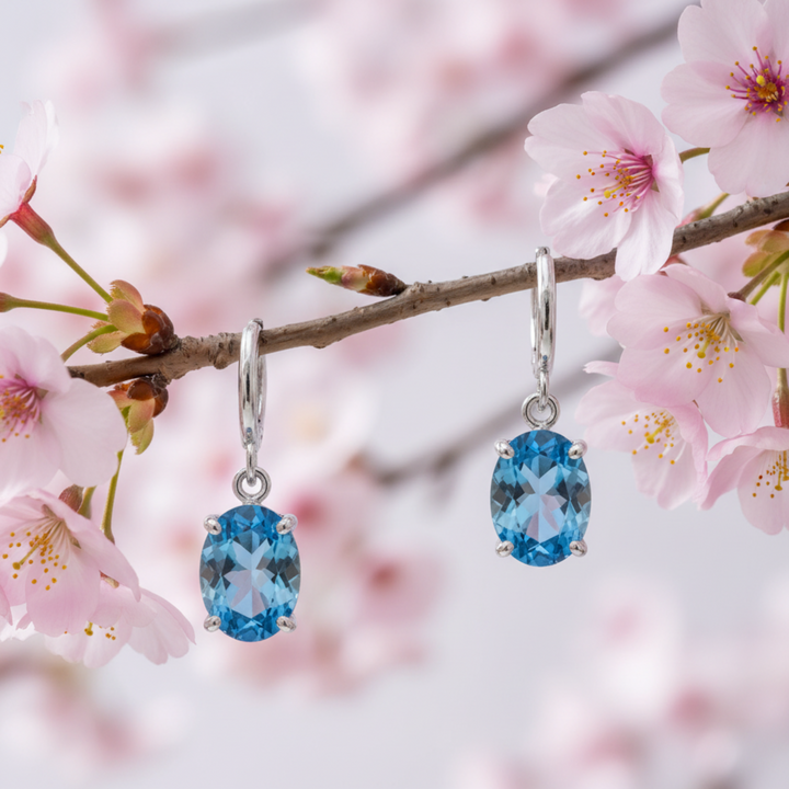 Swiss Blue Topaz Oval Earrings, 14K Gold Dangles with Natural Blue Gemstones | Rare Earth Jewelry