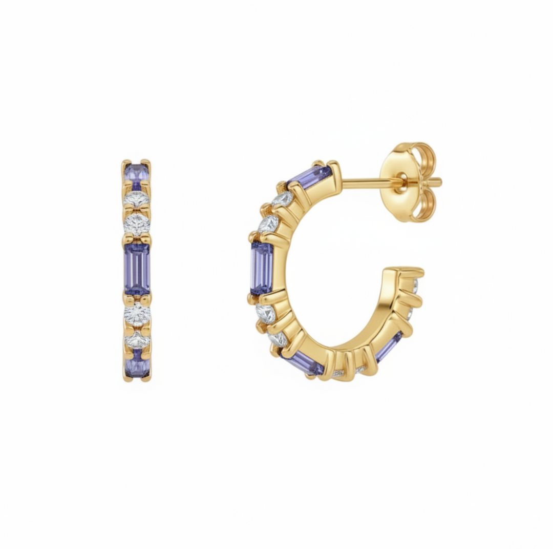 14K Tanzanite and Diamond Hoop Earrings with Alternating Natural Tanzanite Baguettes and Round Diamonds, shown in Yellow Gold.  December Birthstone Earrings, Purple Gemstone Hoops | Rare Earth Jewelry