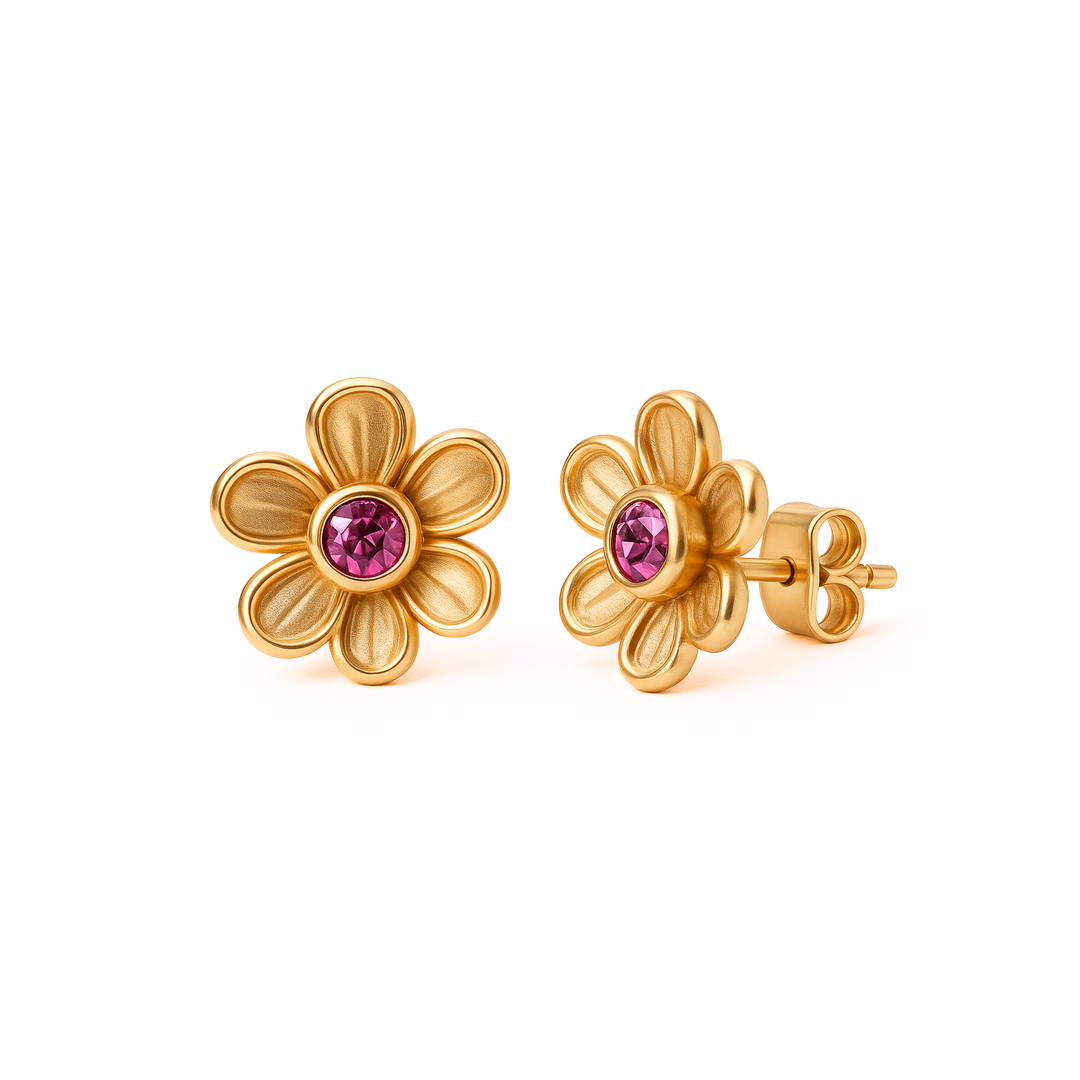 Pink tourmaline stud earrings in a dainty floral design, shown in yellow gold. 14K or 18K Gold natural gemstone earrings. Flower shaped October birthstone earrings. Perfect push present or birthday gift.  | Rare Earth Jewelry