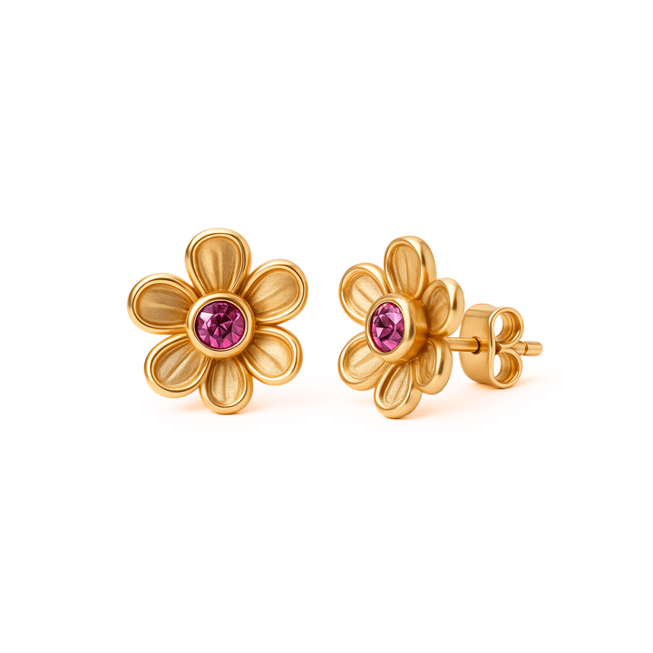 Pink tourmaline stud earrings in a dainty floral design, shown in yellow gold. 14K or 18K Gold natural gemstone earrings. Flower shaped October birthstone earrings. Perfect push present or birthday gift.  | Rare Earth Jewelry