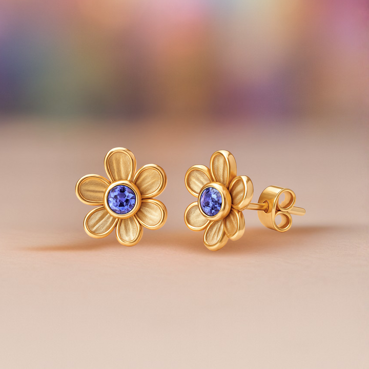 14k or 18k Gold Flower Shaped Tanzanite Earrings, Natural Tanzanite Studs in a Dainty Floral Design.  December birthstone earrings | Rare Earth Jewelry