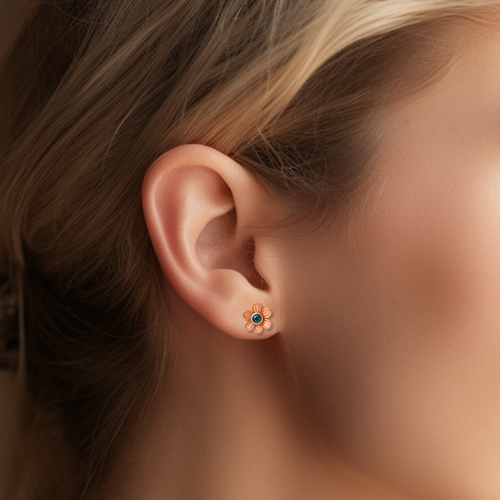 Teal Sapphire Earrings in Solid 14K or 18K Gold Floral Settings, Natural Montana Sapphire studs on the Ear, Tiny Natural Gemstone Flower Earrings | Rare Earth Jewelry