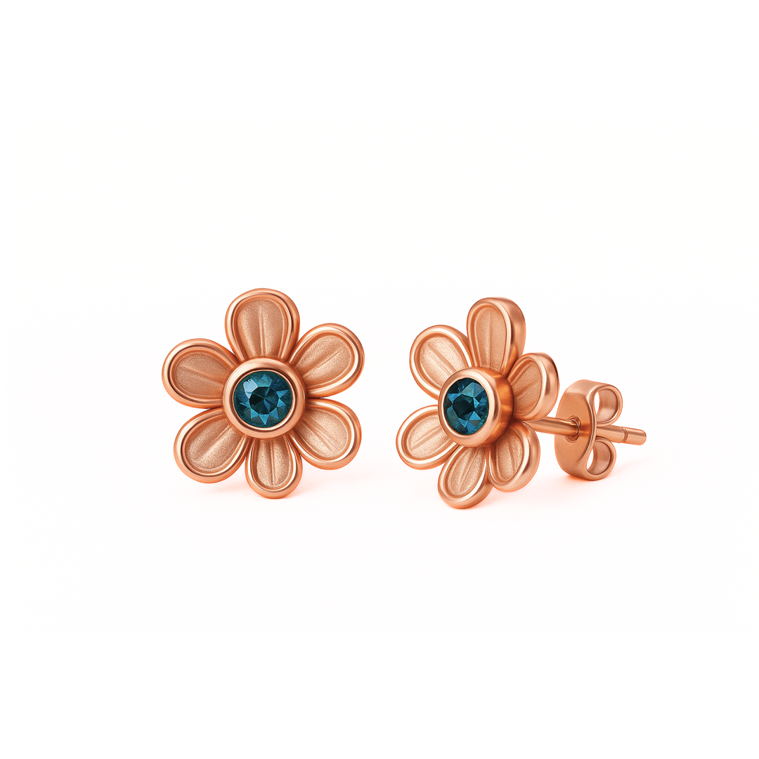 Teal Sapphire Earrings, Natural Montana Sapphire Studs in 14K or 18K Rose Gold, Tiny Natural Gemstone Flower Studs | Rare Earth Jewelry