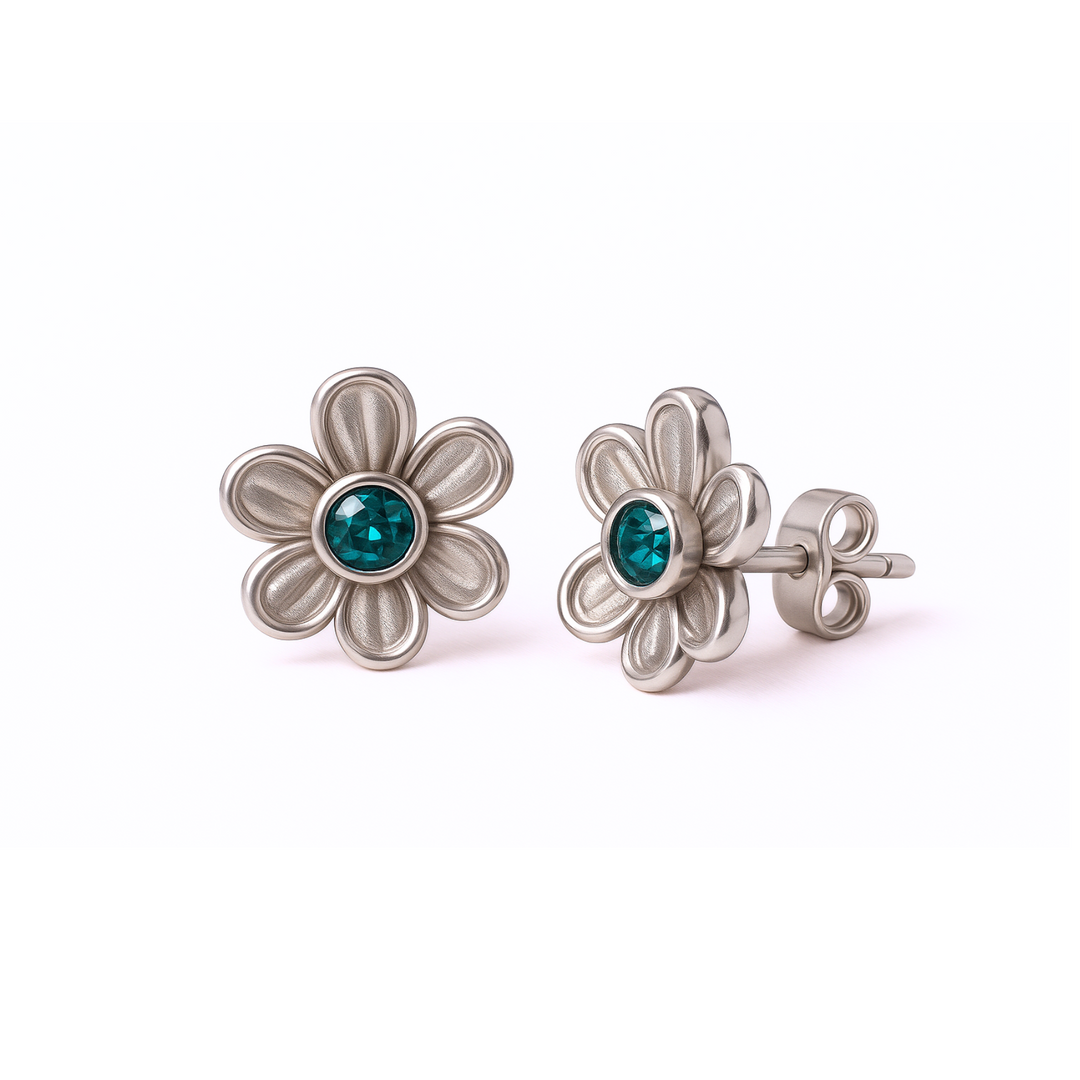 Teal Sapphire Earrings, Natural Montana Sapphire Studs in 14K or 18K White Gold, Tiny Natural Gemstone Flower Studs | Rare Earth Jewelry