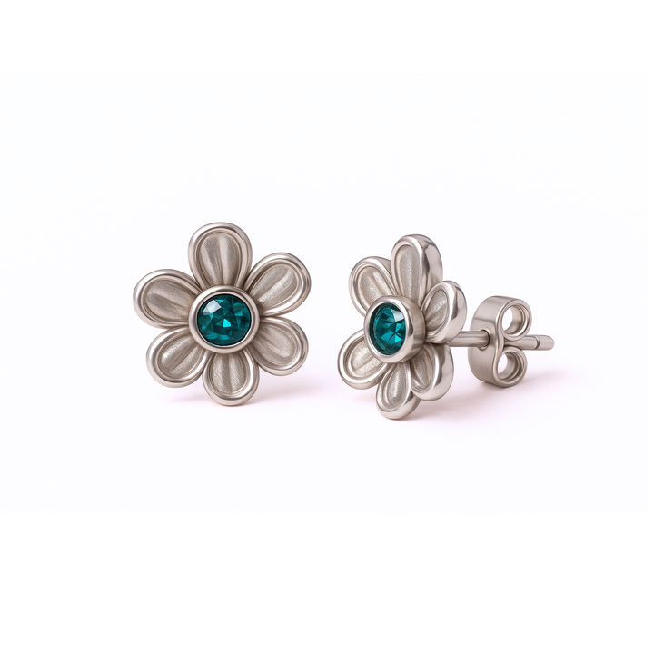 Teal Sapphire Earrings, Natural Montana Sapphire Studs in 14K or 18K White Gold, Tiny Natural Gemstone Flower Studs | Rare Earth Jewelry