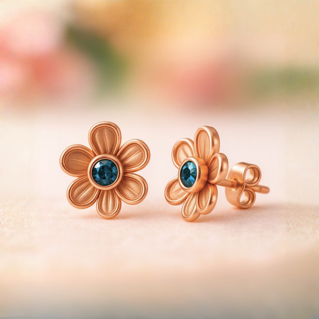 Teal Sapphire Stud Earrings in a Flower Shaped Design, Natural Montana Sapphire Earrings in 14K or 18K Gold Floral Settings, Small Gemstone Studs | Rare Earth Jewelry