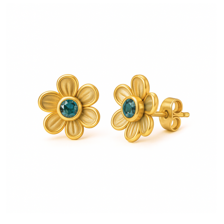 Teal Sapphire Stud Earrings in a Flower Shaped Design, Natural Montana Sapphire Earrings in 14K or 18K Yellow Gold Floral Settings, Small Gemstone Studs | Rare Earth Jewelry