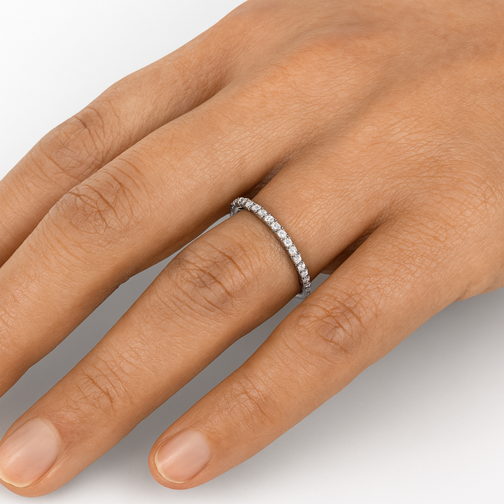 Thin Diamond Wedding Band, Dainty Pave Diamond Wedding Ring on Hand, Feminine, Stackable Diamond Ring | Rare Earth Jewelry