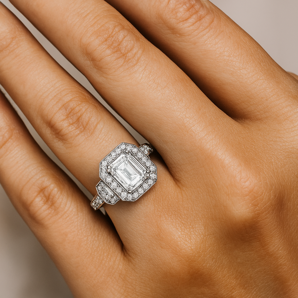 Three Stone Moissanite Engagement Ring, Emerald Cut Moissanite Halo Ring on Hand | Rare Earth Jewelry