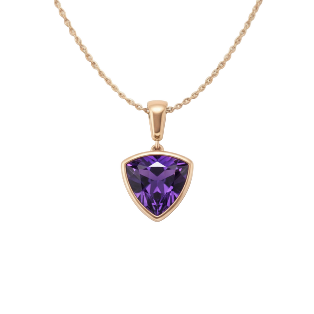 Trillion cut natural amethyst necklace in 14K rose gold bezel setting, modern minimalist February birthstone pendant | Rare Earth Jewelry
