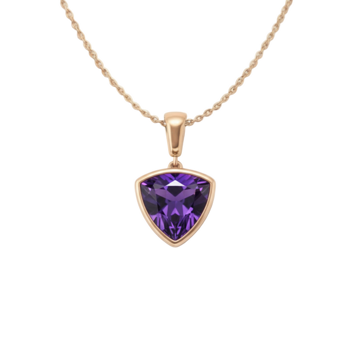 Trillion cut natural amethyst necklace in 14K rose gold bezel setting, modern minimalist February birthstone pendant | Rare Earth Jewelry