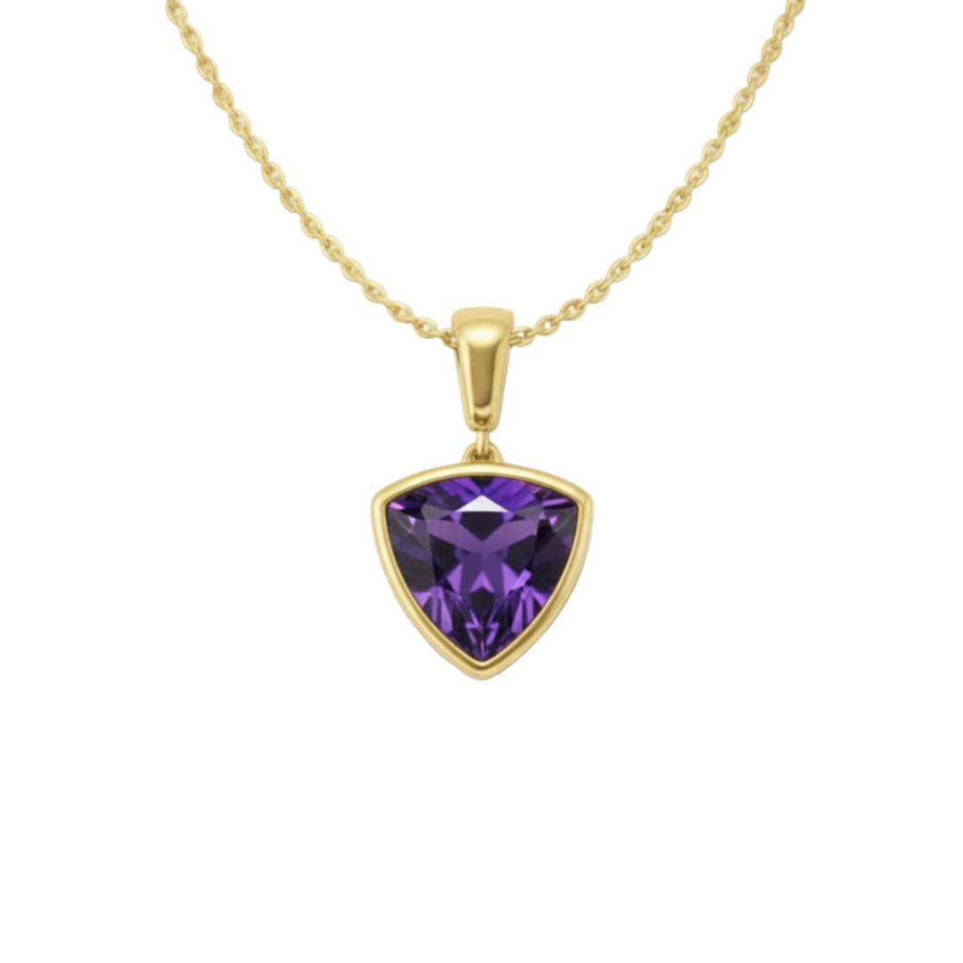 Trillion cut natural amethyst necklace in 14K yellow gold, purple gemstone pendant in modern bezel set minimalist design, February birthstone jewelry | Rare Earth Jewelry
