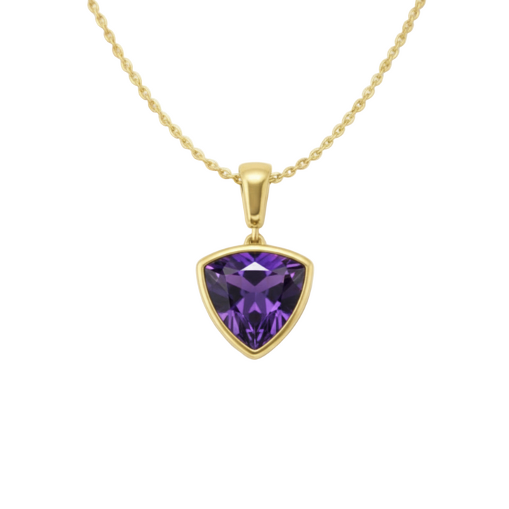 Trillion cut natural amethyst necklace in 14K yellow gold, purple gemstone pendant in modern bezel set minimalist design, February birthstone jewelry | Rare Earth Jewelry