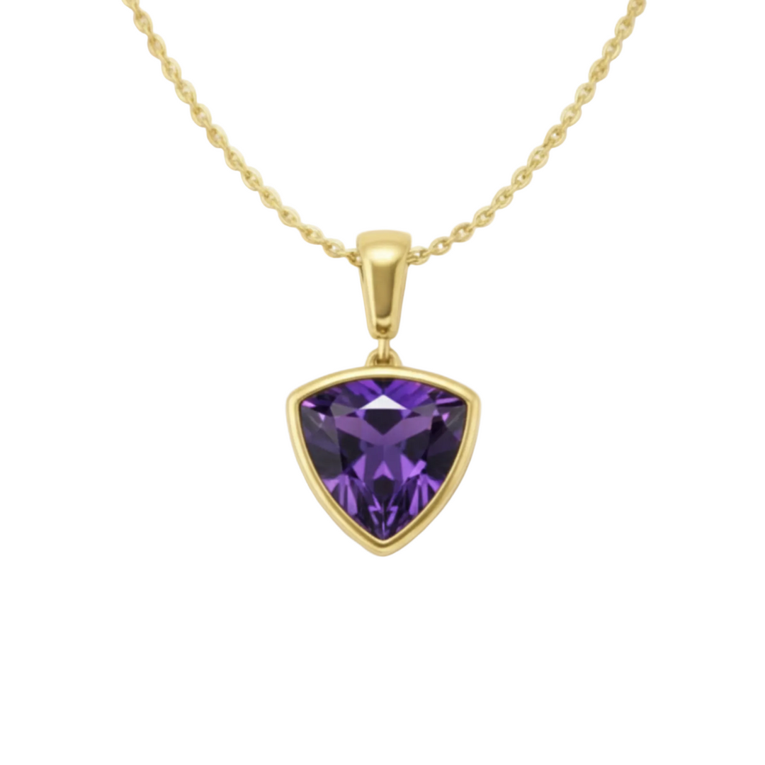 Trillion cut natural amethyst necklace in 14K yellow gold, purple gemstone pendant in modern bezel set minimalist design, February birthstone jewelry | Rare Earth Jewelry
