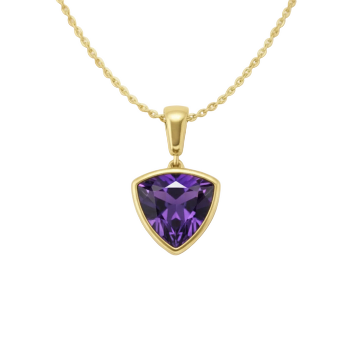 Trillion cut natural amethyst necklace in 14K yellow gold, purple gemstone pendant in modern bezel set minimalist design, February birthstone jewelry | Rare Earth Jewelry