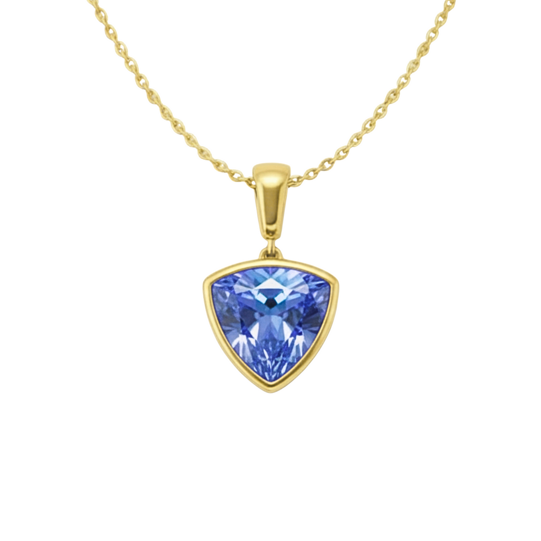 Trillion cut Ceylon blue sapphire necklace in 14K yellow gold bezel setting, light blue sapphire pendant | Rare Earth Jewelry