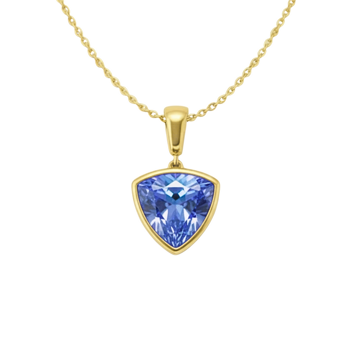 Trillion cut Ceylon blue sapphire necklace in 14K yellow gold bezel setting, light blue sapphire pendant | Rare Earth Jewelry