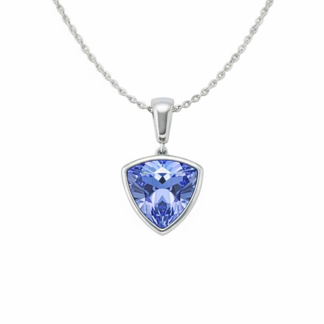 Trillion cut Ceylon blue sapphire necklace in 14K white gold, light blue sapphire pendant | Rare Earth Jewelry