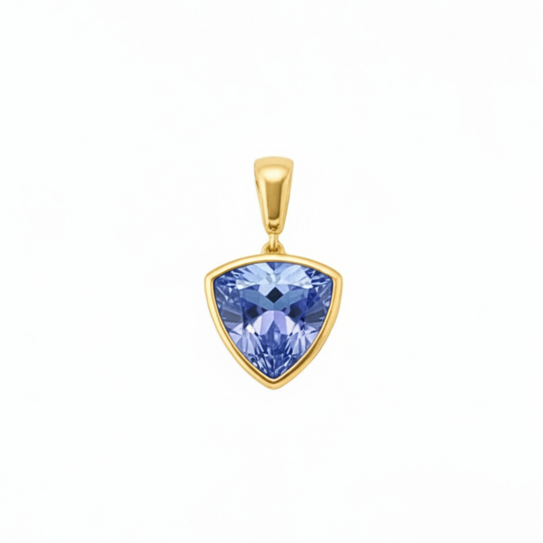 Trillion cut blue sapphire pendant in 14K yellow gold bezel setting, light blue sapphire necklace | Rare Earth Jewelry