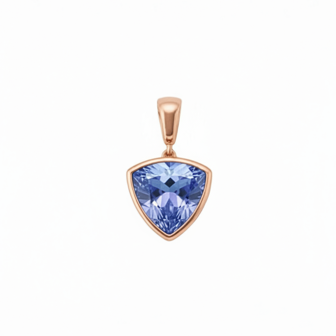 Trillion cut light blue sapphire pendant in 14K rose gold, Ceylon blue sapphire necklace | Rare Earth Jewelry