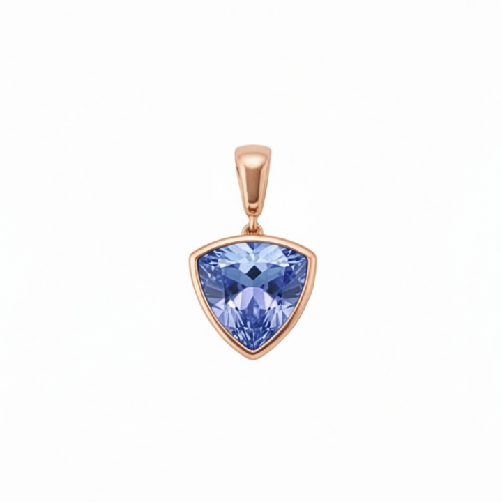 Trillion cut light blue sapphire pendant in 14K rose gold, Ceylon blue sapphire necklace | Rare Earth Jewelry