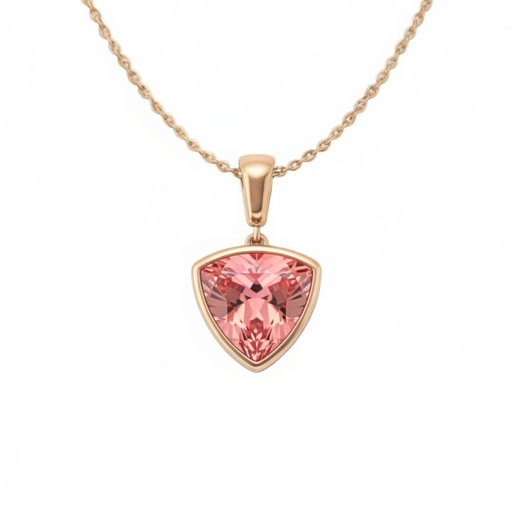 Trillion Cut Padparadscha Sapphire Necklace in 14K Rose Gold, Bezel Set Pink Sapphire Pendant | Rare Earth Jewelry