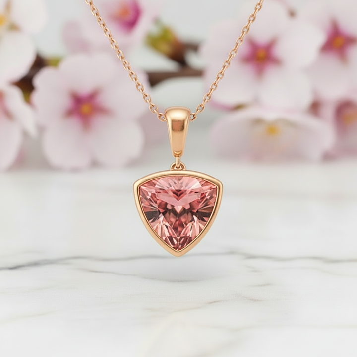 Padparadscha Sapphire Pendant with Pink Peach Color in 14K Rose Gold Modern Trilliant Triangle Necklace | Rare Earth Jewelry