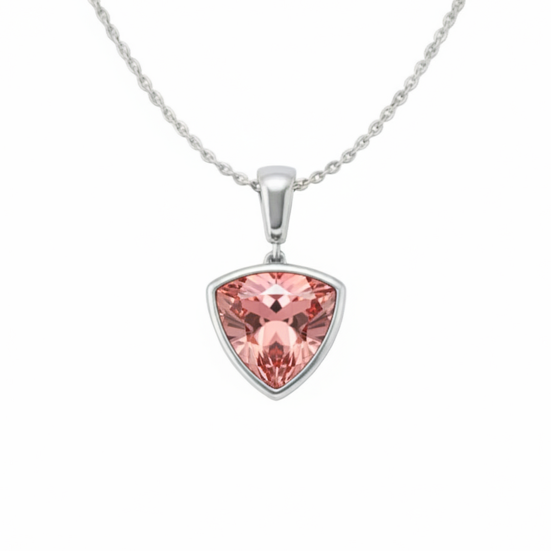 Padparadscha Pink Sapphire Trillion Sapphire Necklace in 14K White Gold Bezel Setting | Rare Earth Jewelry