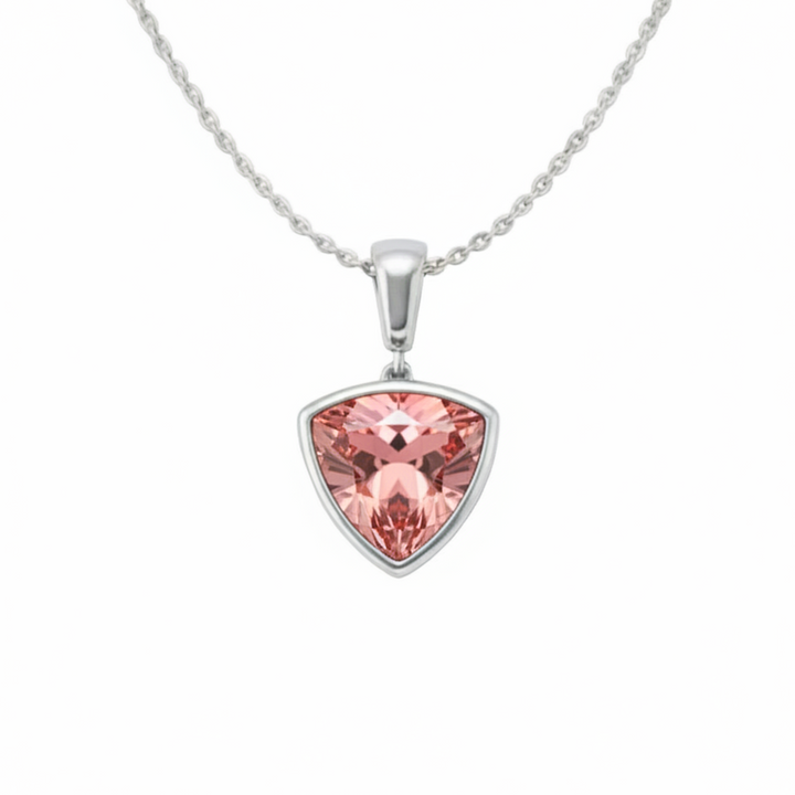 Padparadscha Pink Sapphire Trillion Sapphire Necklace in 14K White Gold Bezel Setting | Rare Earth Jewelry