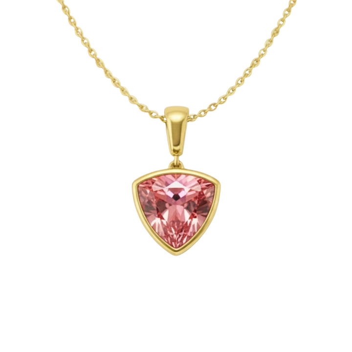 Trillion Cut Padparadscha Pink Sapphire Necklace in Solid 14K Yellow Gold Bezel Set Pendant | Rare Earth Jewelry