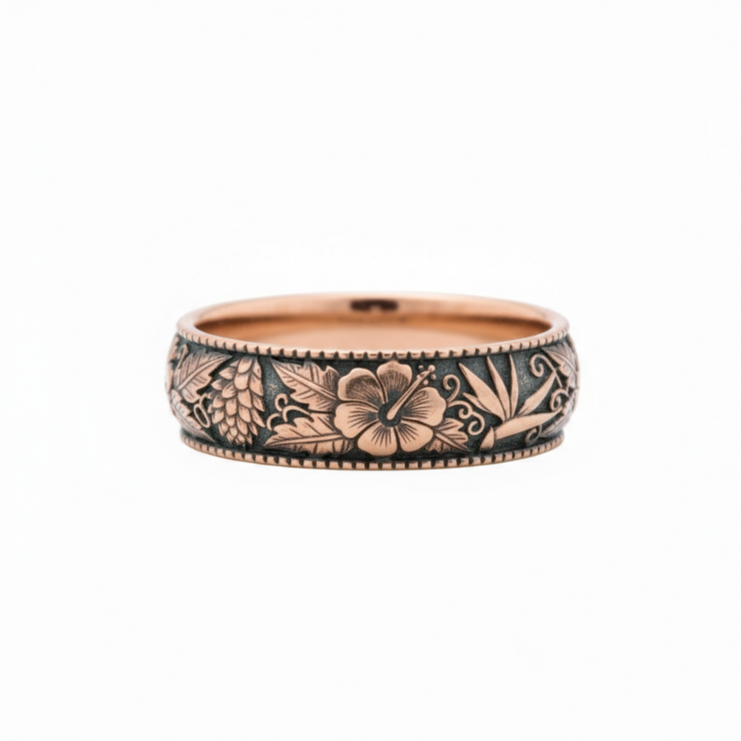 Engraved Hawaiian wedding band with hibiscus and bird of paradise floral design ring in 14K rose gold antique finish | Rare Earth Jewelry