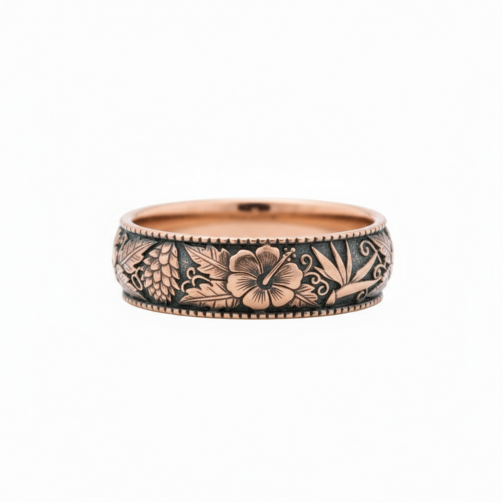 Engraved Hawaiian wedding band with hibiscus and bird of paradise floral design ring in 14K rose gold antique finish | Rare Earth Jewelry