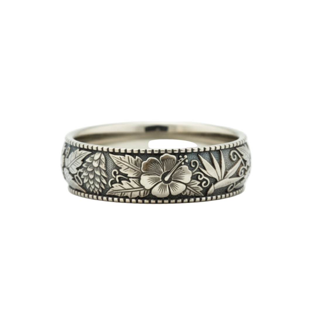 Tropical flower wedding band with hibiscus, ginger, and bird of paradise engraving in 14K white gold antique patina | Rare Earth Jewelry