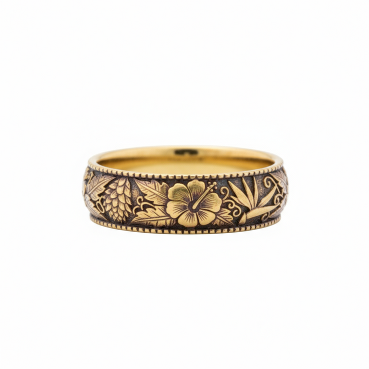 Hawaiian flower wedding band in 14K yellow gold with dark antique patina and botanical engraving | Rare Earth Jewelry