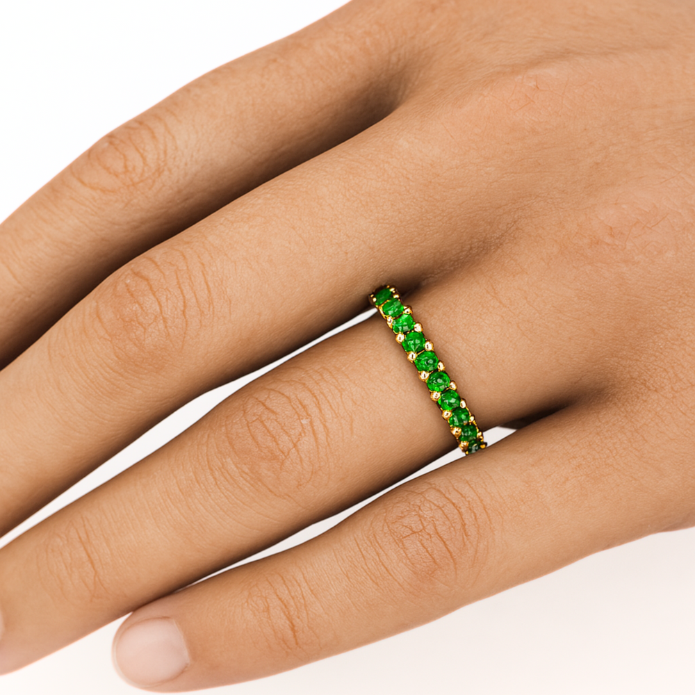 Tsavorite Garnet Ring on Hand, Natural Green Garnet Anniversary Band, Green Gemstone Stacking Ring in 14K or 18K Gold | Rare Earth Jewelry