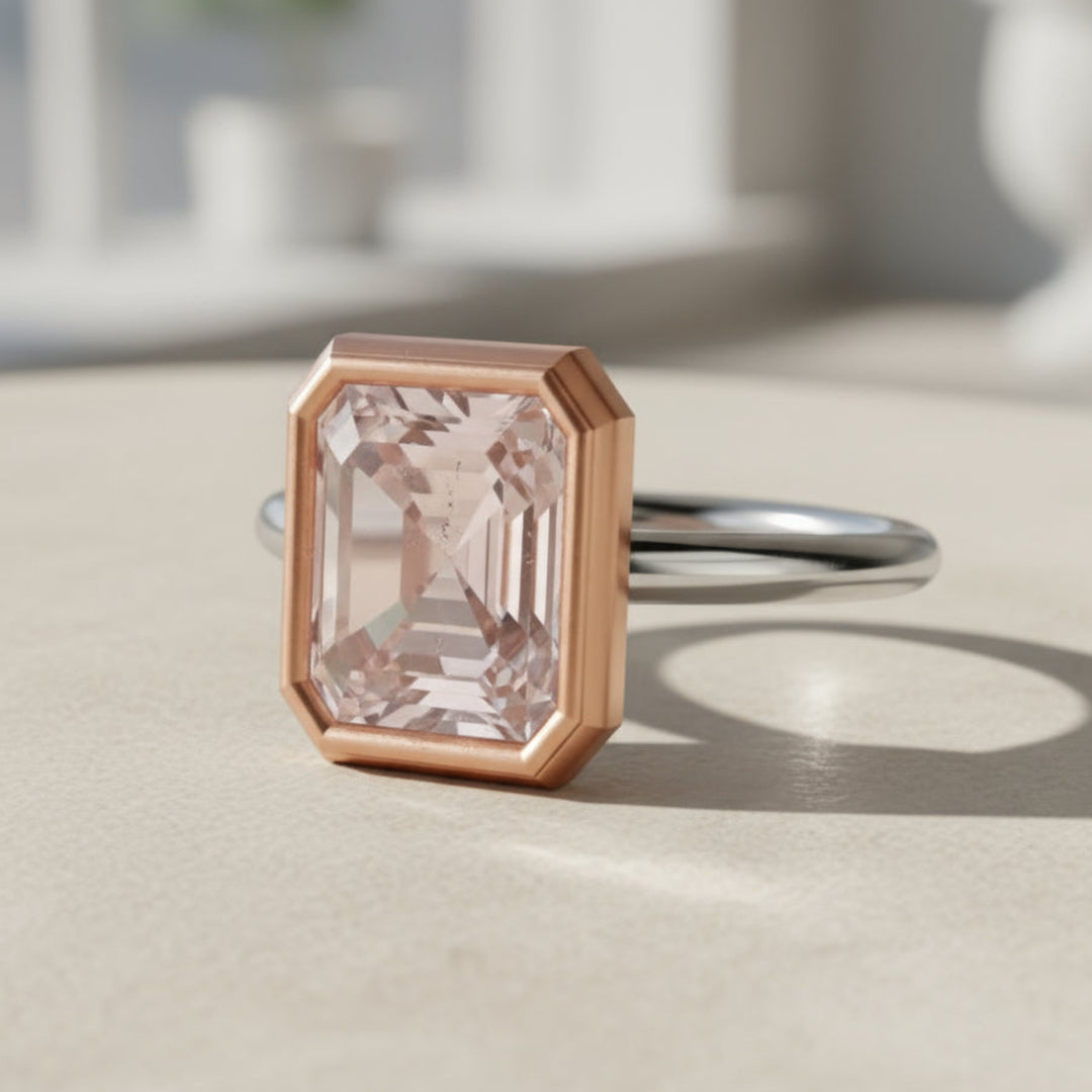 Two-Tone Morganite Ring, Emerald Cut Bezel Set Morganite Solitaire Engagement Ring | Natural Morganite Ring | Rare Earth Jewelry