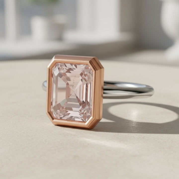Two-Tone Morganite Ring, Emerald Cut Bezel Set Morganite Solitaire Engagement Ring | Natural Morganite Ring | Rare Earth Jewelry