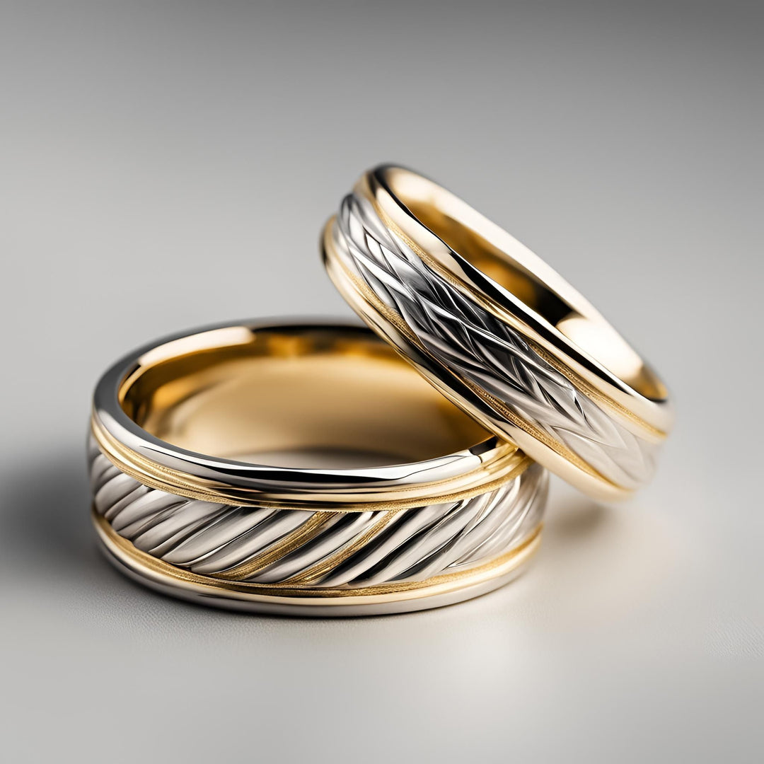 A pair of two-tone wedding bands in a modern woven design from Rare Earth Jewelry.