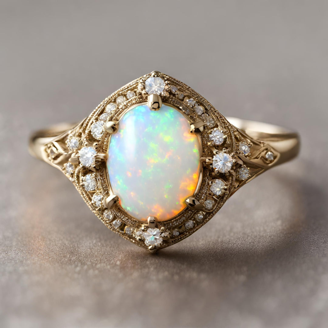 Victorian Style Oval Opal Ring with Diamonds and Milgrain Details from Rare Earth Jewelry.