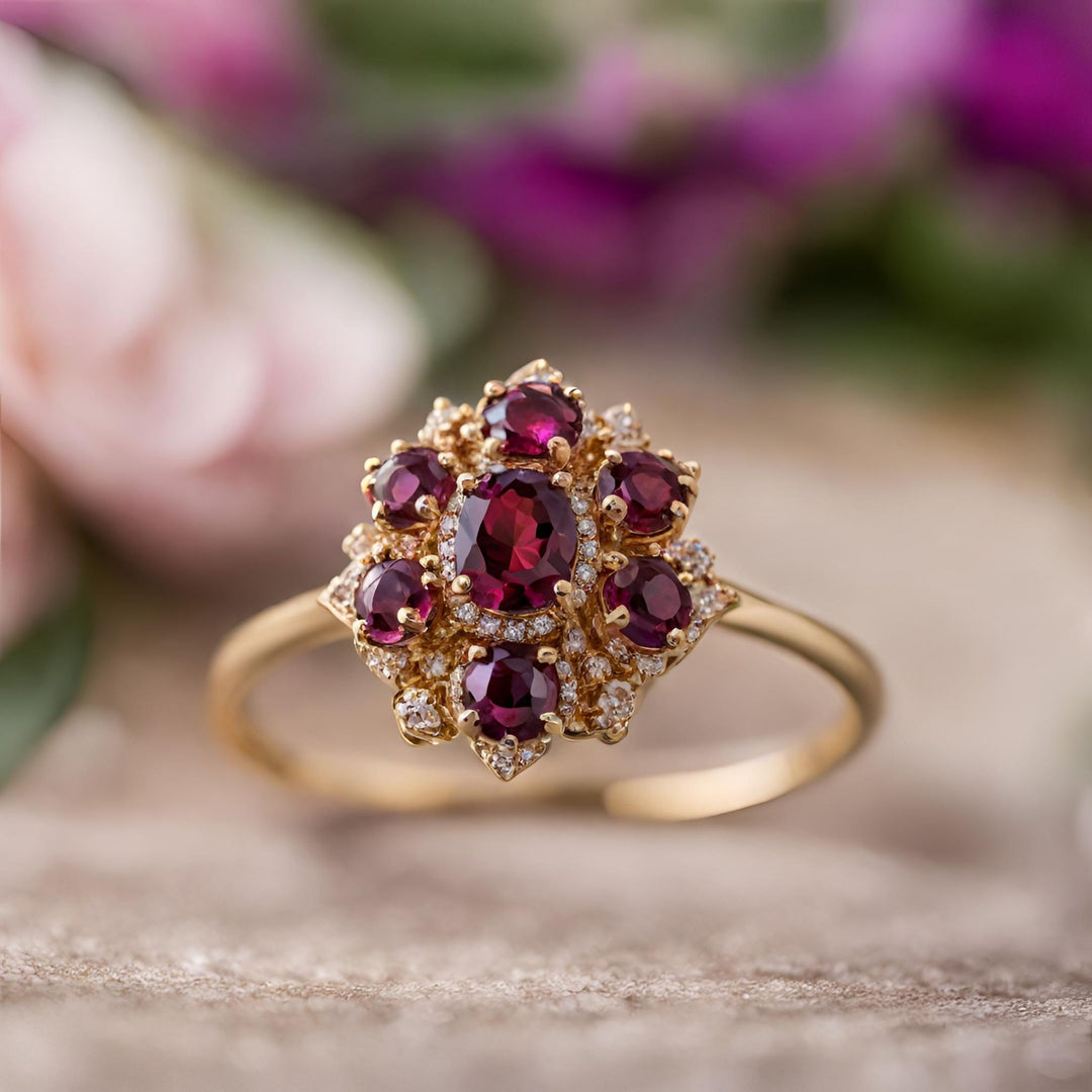 A Victorian style Rhodolite Garnet ring with diamonds in a antique cluster design from Rare Earth Jewelry.