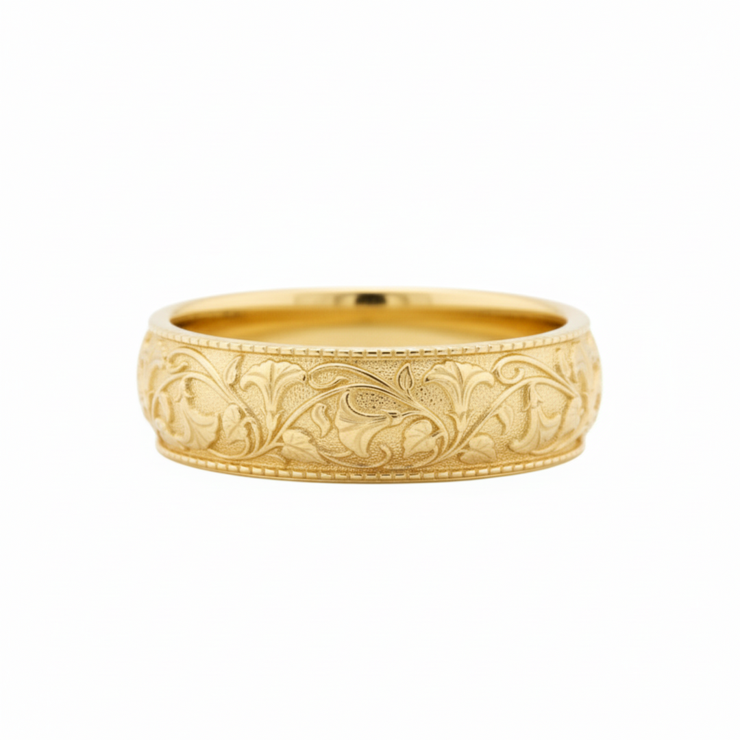 14K yellow gold engraved floral wedding band with trumpet vine flowers and vintage nature inspired  design | Rare Earth Jewelry