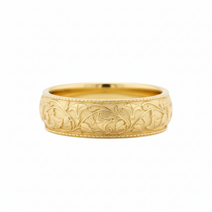 14K yellow gold engraved floral wedding band with trumpet vine flowers and vintage nature inspired  design | Rare Earth Jewelry