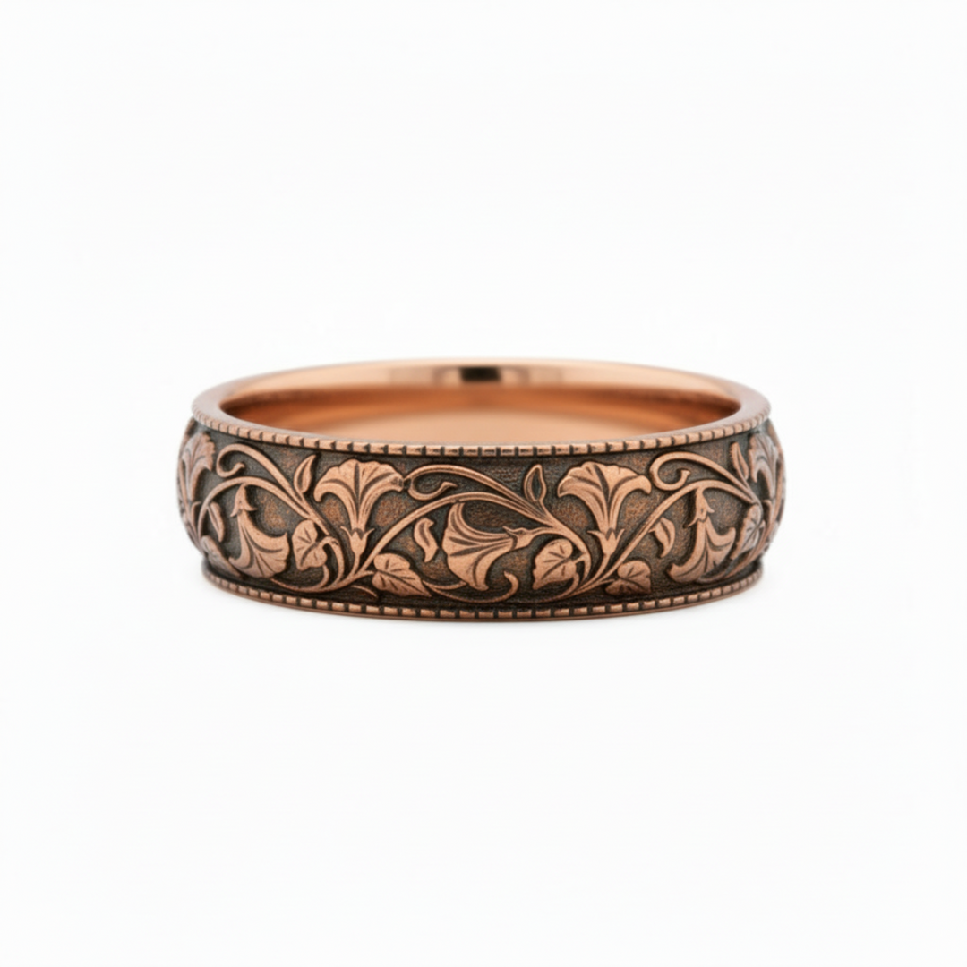 14K rose gold floral wedding band with engraved trumpet vines and antique finish, handmade custom wedding rings | Rare Earth Jewelry