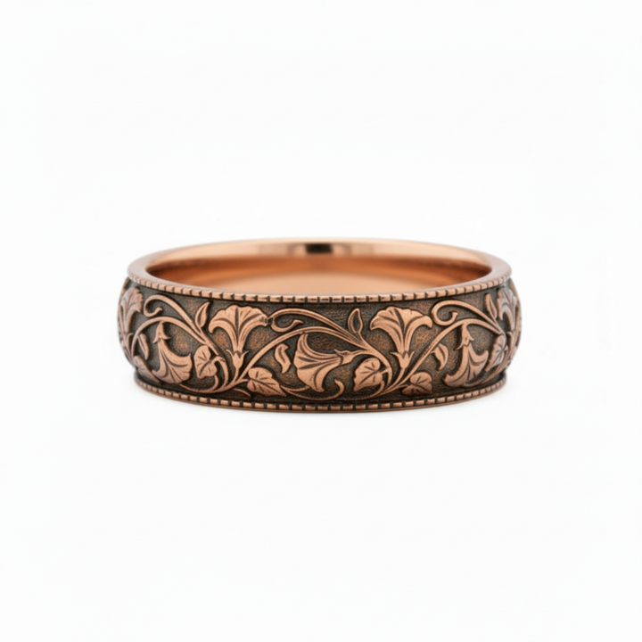 14K rose gold floral wedding band with engraved trumpet vines and antique finish, handmade custom wedding rings | Rare Earth Jewelry